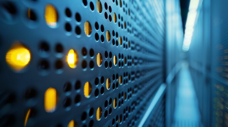 Closeup of a perforated metal surface with a blurred background, featuring a play of blue tones and orange light reflections creating a bokeh effect.