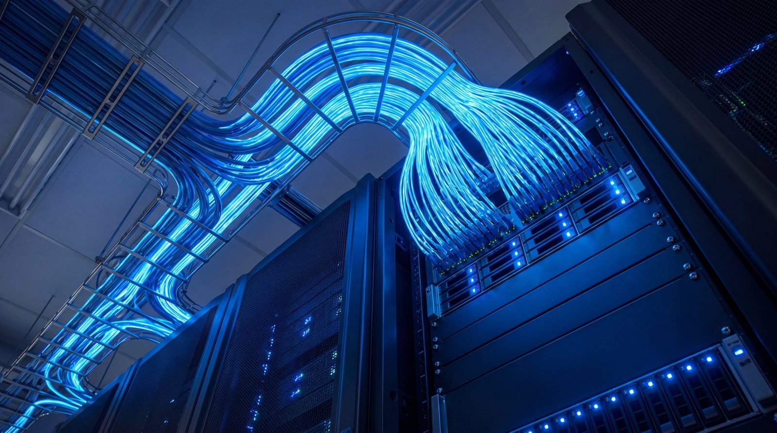 Server racks with illuminated network cables inside a data center, illustrating data center grid capacity and digital infrastructure.