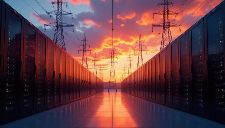 Serverracks in een datacenter met hoogspanningslijnen tegen een kleurrijke hemel bij zonsondergang. Digitale infrastructuur en energievoorziening komen samen in een beeld van toekomstgerichte technologie en elektriciteitsnetwerken.